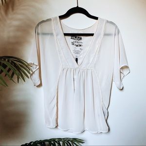 Sheer Ivory Flowy Blouse with braided trim - Sz S